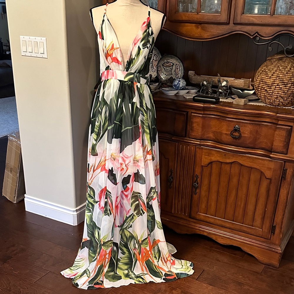 Luxxel Tropical Floral Maxi Dress with Green and Pink